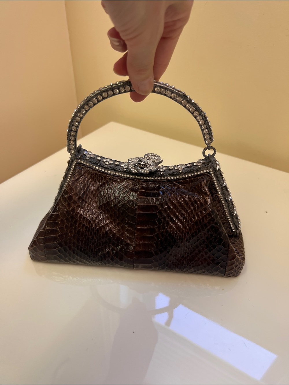 Embellished Brown Snake-Effect Evening Top Handle Bag - Picture 2 of 3